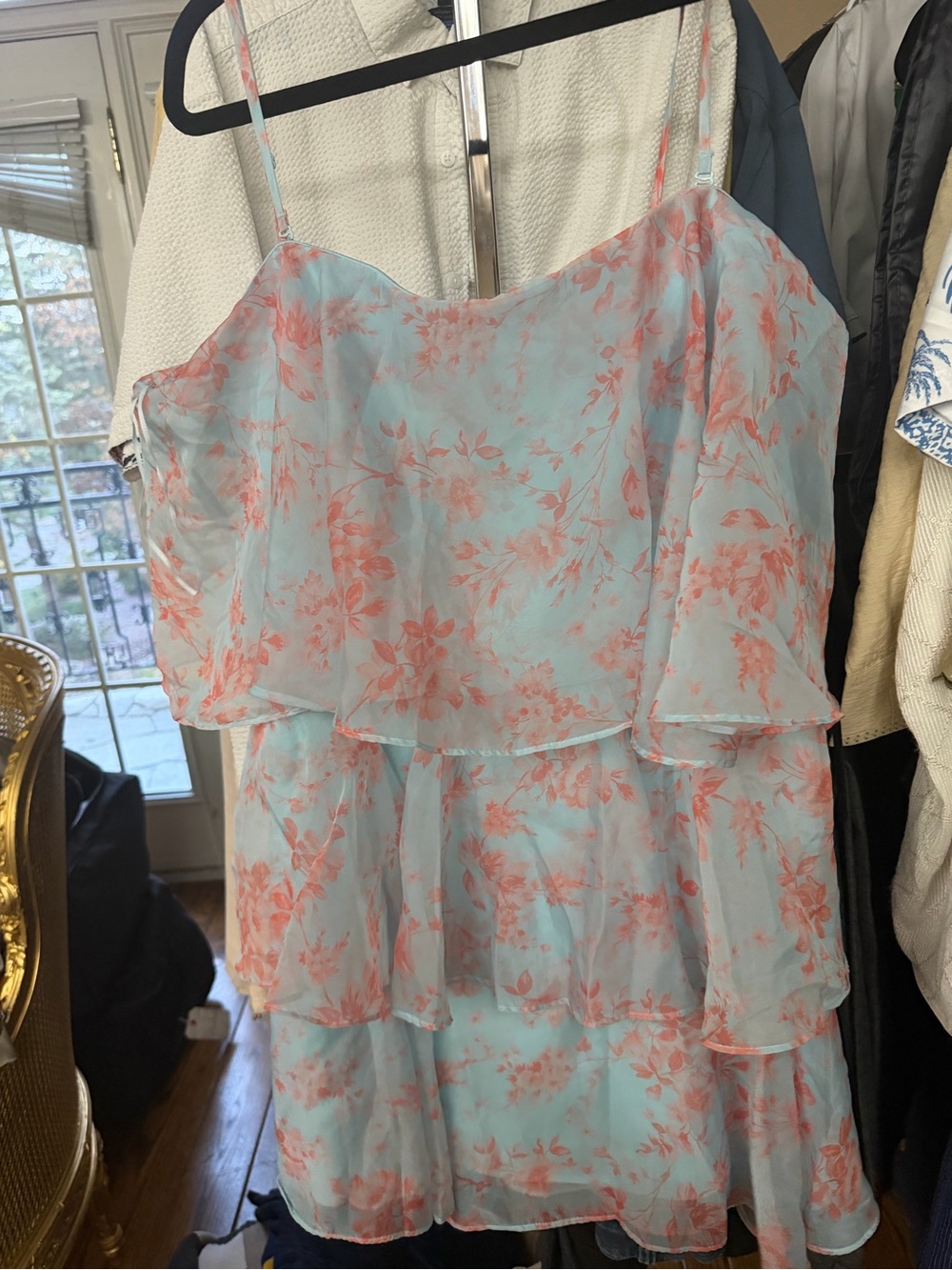 American Eagle Outfitters Blue and Coral Floral Tiered Spaghetti Strap Dress